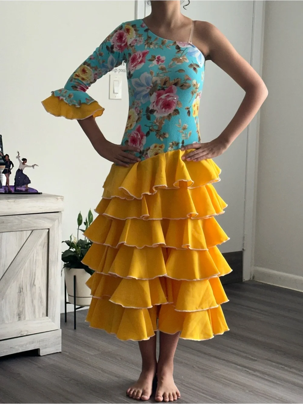 Girls Yellow Tiered Ruffle Dance Dress with Floral Bodice